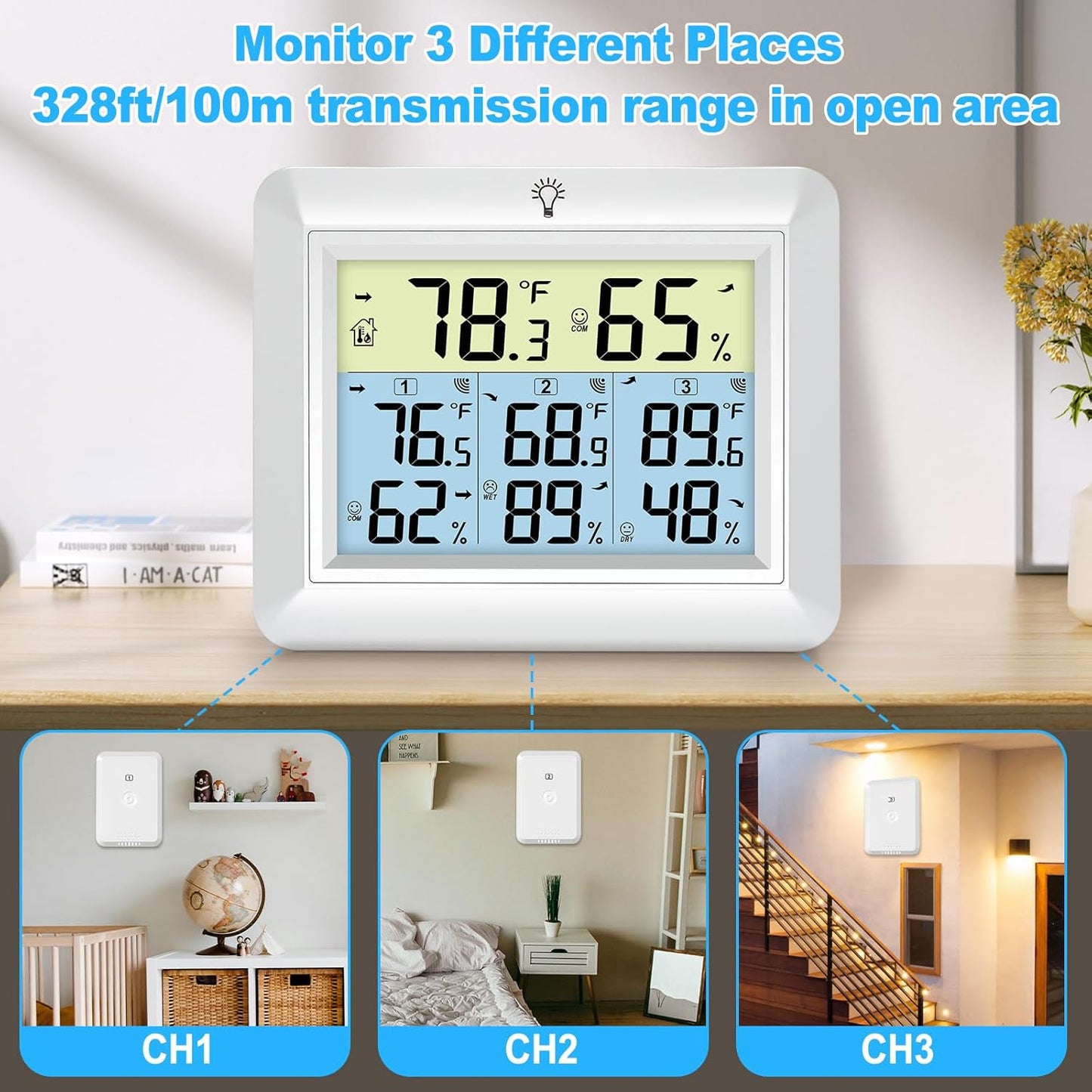 Urageuxy Weather Station Wireless Indoor Outdoor Thermometer with 3 Sensors, Remote Temperature Monitor with Humidity for Home, Baby Nursery, Room, Attic, Patio