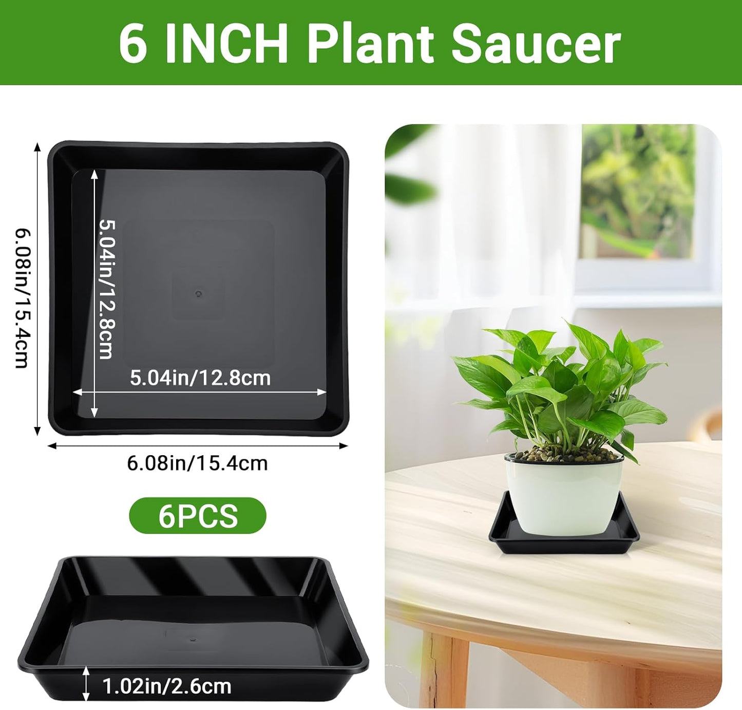 GREANER Plant Trays for Pots Square, 6 Inch Plant Drip Trays, Black Plant Plates to Catch Water Indoor Plants, Plant Tray for Indoor Outdoor Flower Pots and Planters, Bulk(6 PCS)
