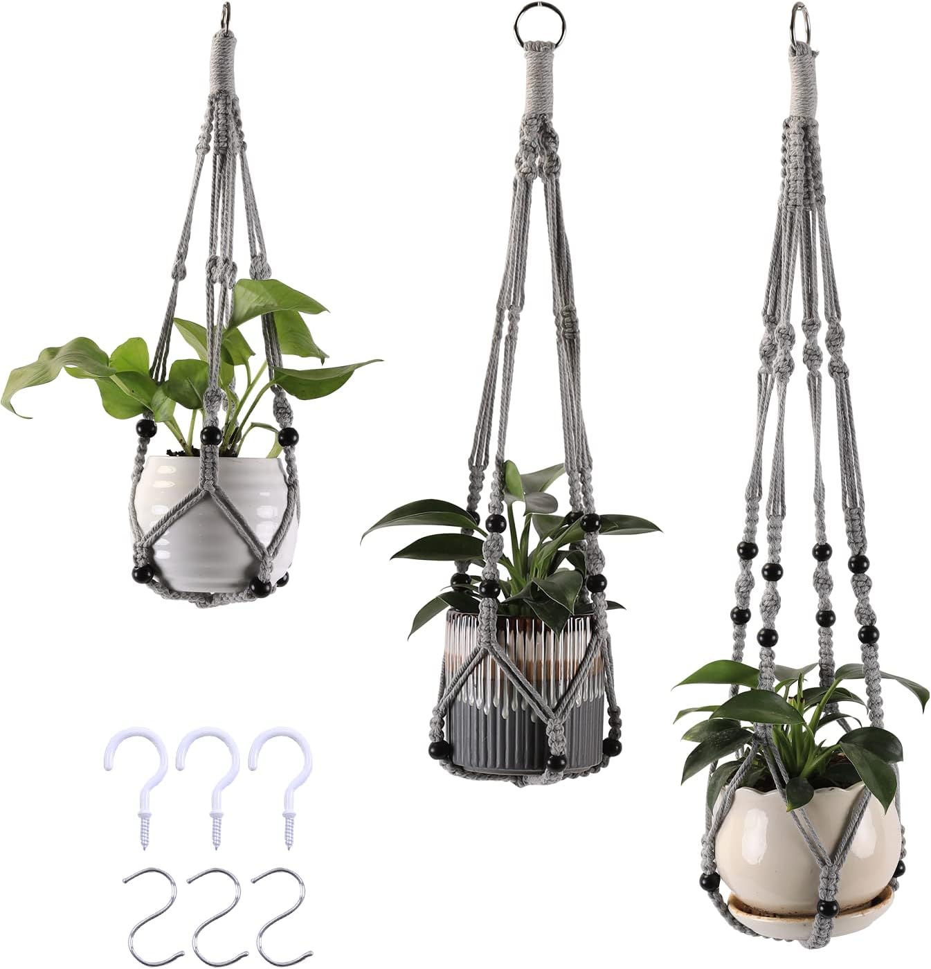 3-Pack Macrame Plant Hanger Indoor - Hanging Planter Basket for Indoor Outdoor - Decorative Boho Plant Holders Set with Beads - Ceiling Flower Pot Holder with 6 Hooks - 35"/30"/24" Gray