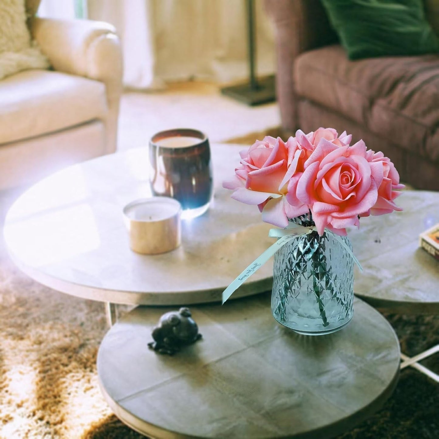 Artificial flower real touch roses feel and look realistic fake roses with short stems, suitable for gift, for wife girlfriend mom friends, Indoor home table，cake, hotel, car decoration (pink)