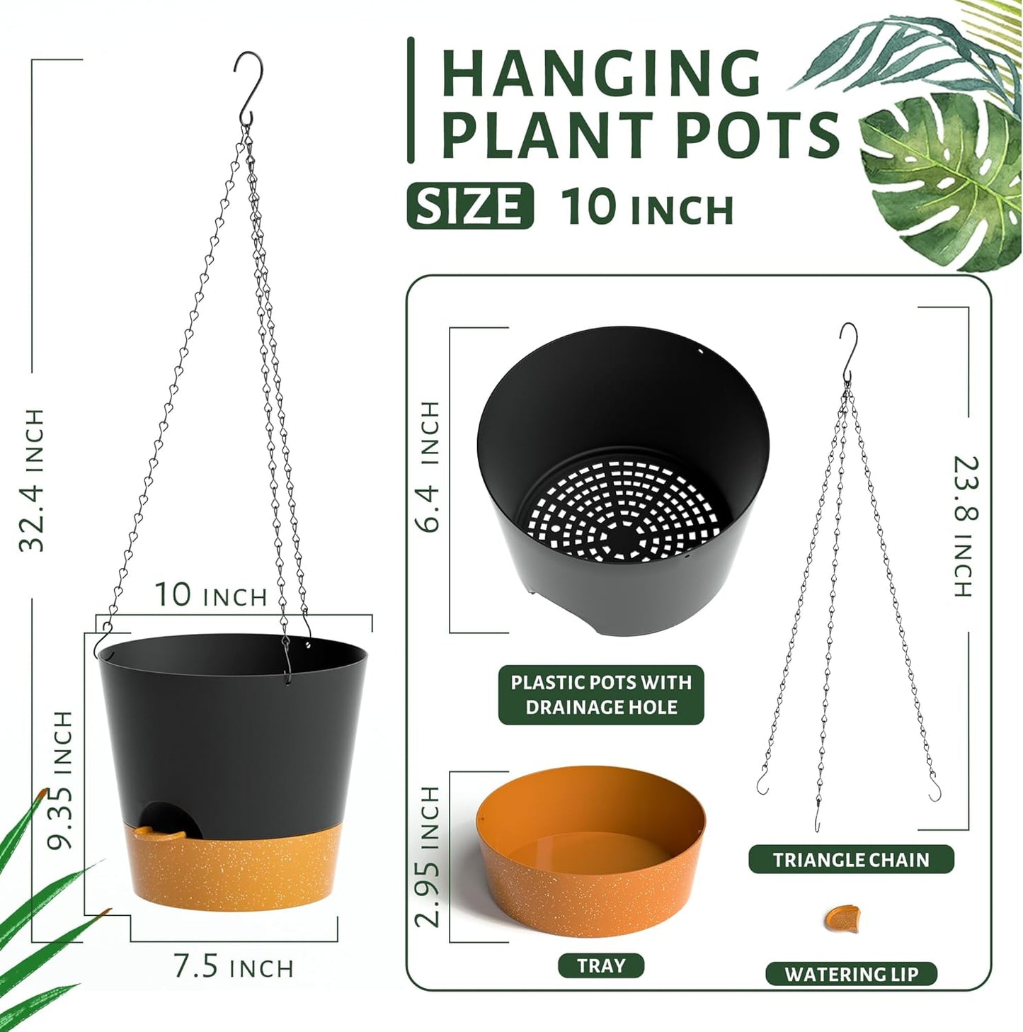 Hanging Planters for Indoor Outdoor Plants, 2 Pack Self Watering Hanging Pot with Drainage Holes and Plant Hangers, Hanging Baskets Flower Pots for Home Garden Decor (Black, 10 inch)