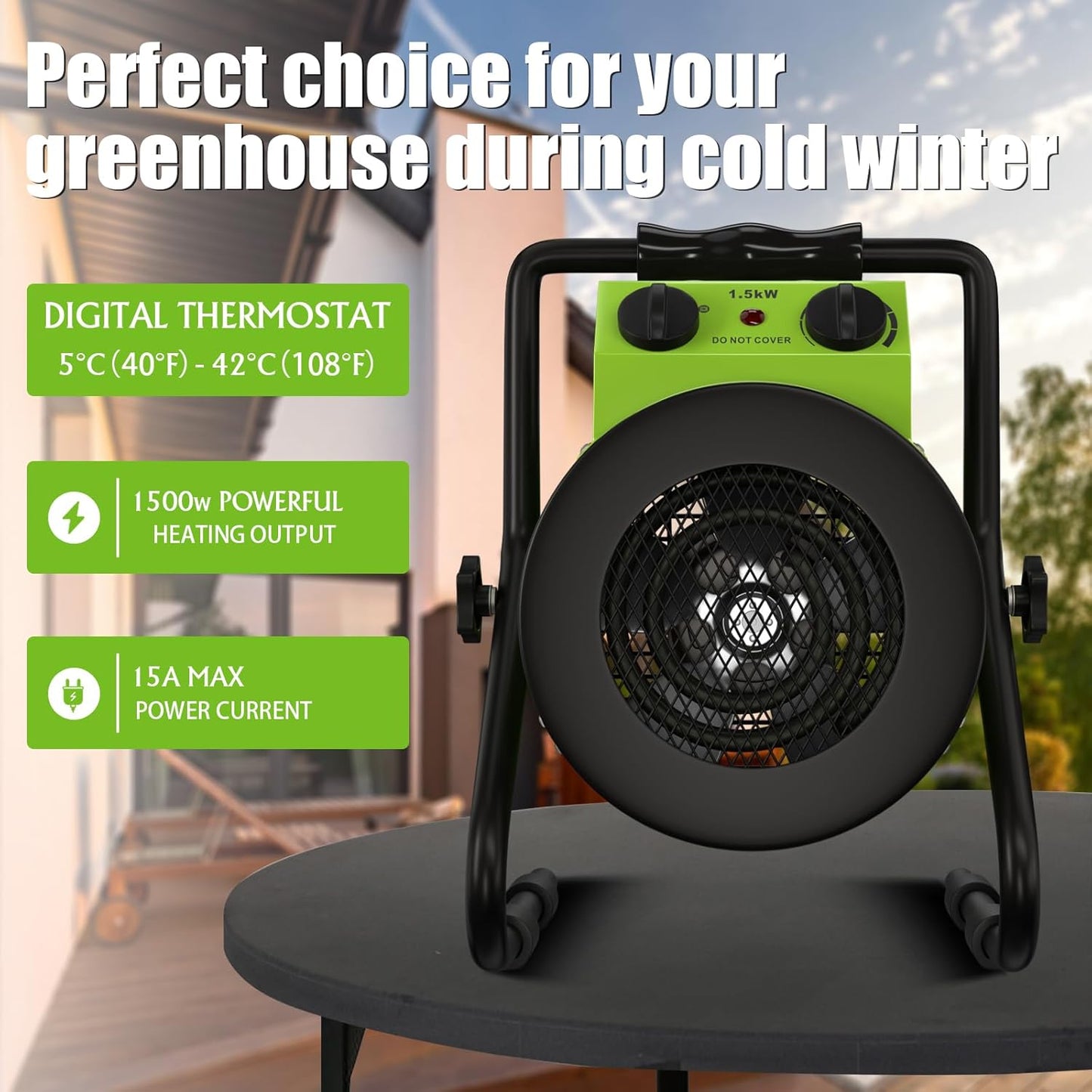 Gardtech Greenhouse Heater with Digital Thermostat, 1500W Portable Outdoor Heater with Overheat Protection, Grow Tent Heaters [Stronger air volume] Fast Heating for Patio, Garage, Flower House(Green)