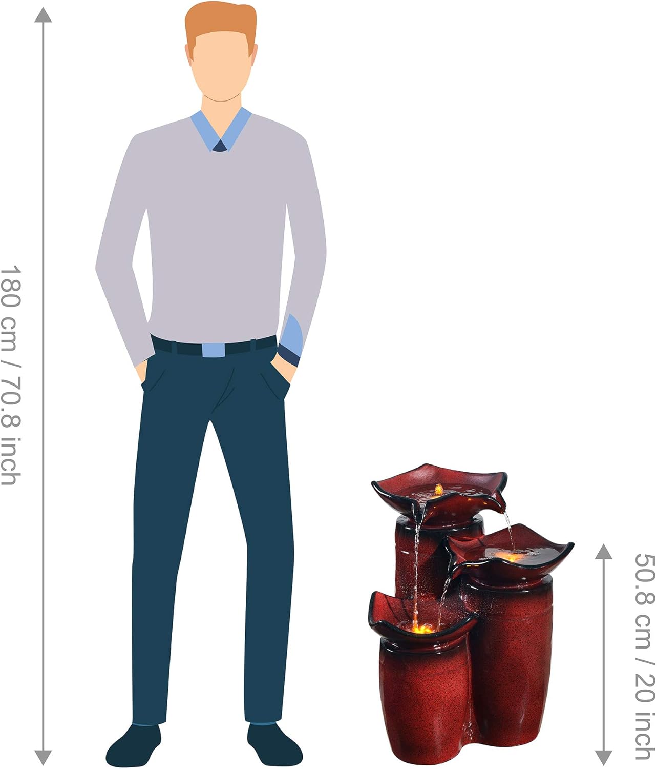 Teamson Home 3 Tiered Floor Water Glazed Pots Fountain with LED Lights and Pump for Outdoor Patio Garden Backyard Decking Décor, 20 inch Height, Gradient Red