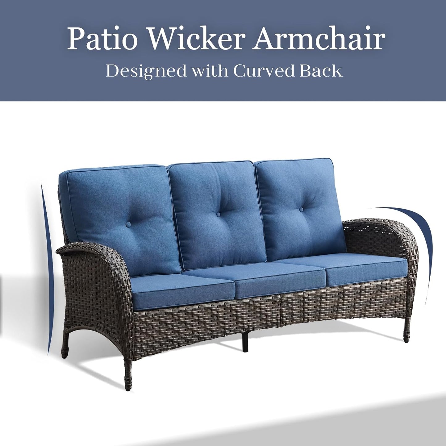 HUMMUH Outdoor Patio Couch-Outdoor Rattan Couch with Thick Cushions Outdoor Sofa for Deck Lawn Porch Balcony Poolside-Brown/Blue