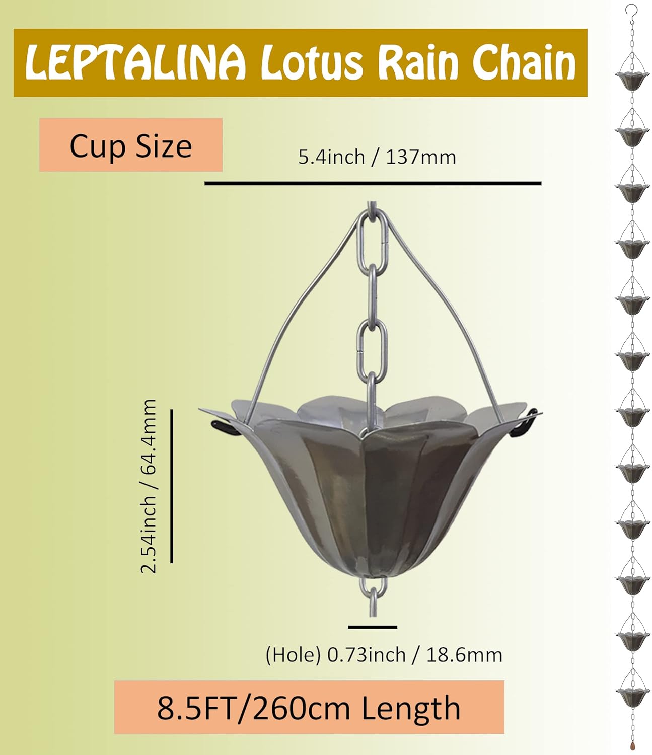 8.5FT Lotus Silver Color Iron Rain Chains for Gutter and Rain Barrel, Rust-Resistant Plated Garden Décor Rain Chain for Downspout, Bonus Rain Chain Gutter Adapter