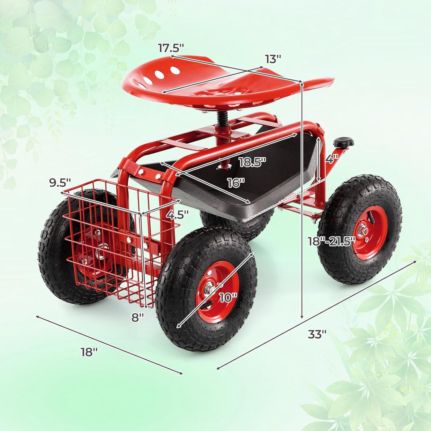 S AFSTAR Rolling Garden Cart, Wagon Scooter with 360° Swivel Seat, Storage Tray, Basket & Rubber Wheels, Heavy-Duty Gardening Tool Cart for Weeding, Patio & Yard (Red)