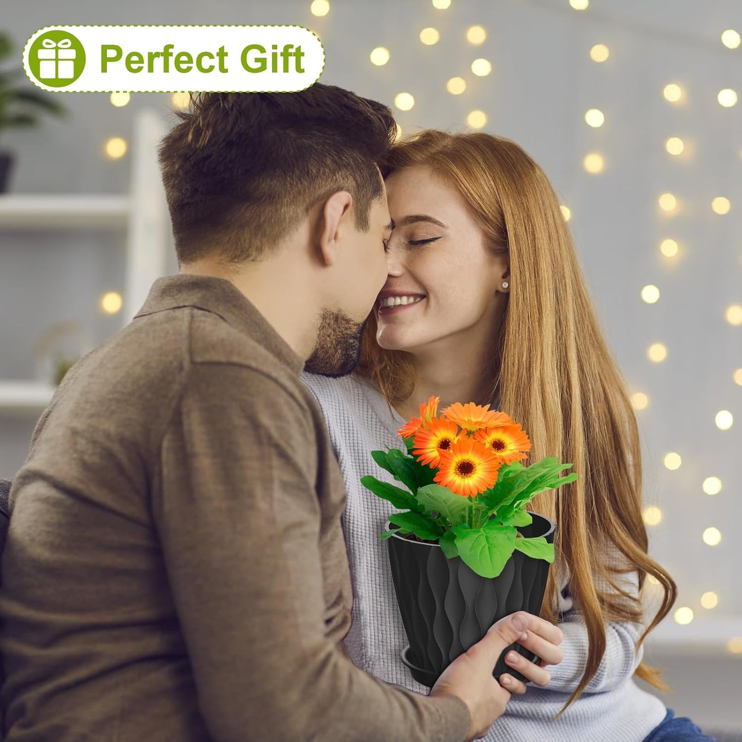 6 inch Plant Pots, 5 Pack Flower Pots for Indoor Outdoor Plants, Water Ripples Plastic Planters with Drainage Holes and Saucers, Nursery Pots for Small Succulent Garden House Plants, Black