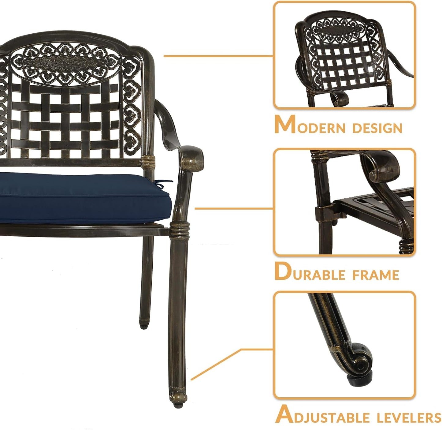 3-Piece Outdoor Patio Dining Set, All-Weather Cast Aluminum Patio Furniture Set for Backyard Garden Deck with 2 Cushioned Chairs and 31” Round Table, 2" Umbrella Hole, Navy Blue