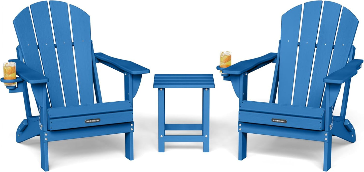 MUCHENGHY Folding Adirondack Chairs and Table Set, Outdoor Chair, Adirondack Chair Plastic, Fire Pit Chair, Weather Resistant with Cup Holder for Deck, Backyard, Garden(Navy Blue, 3-Piece)
