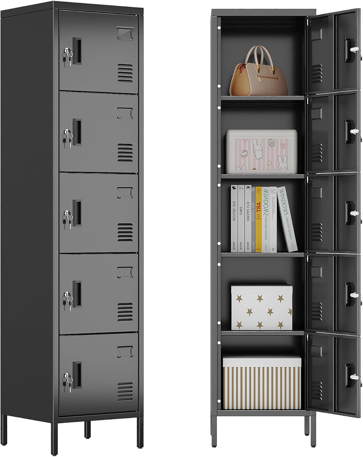 METAN Metal Storage Employees Locker with 5 Lockable Doors,Locking Storage Cabinets for Small Spaces,Home,School,Gym,Assembly Required,Black