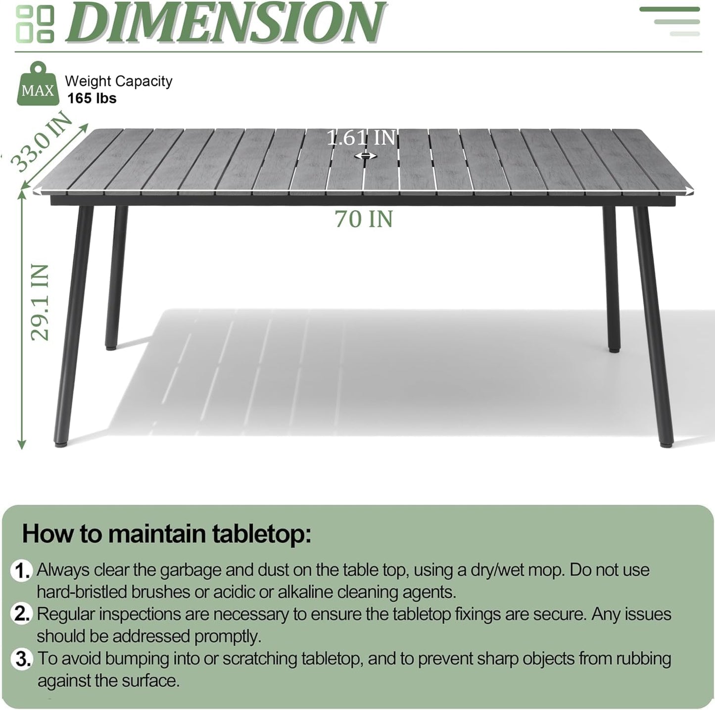 Aluminum 70 Inch Patio Outdoor Dining Table for 6, Umbrella Hole & Wood-Like Top, All-Weather Deck & Backyard Table