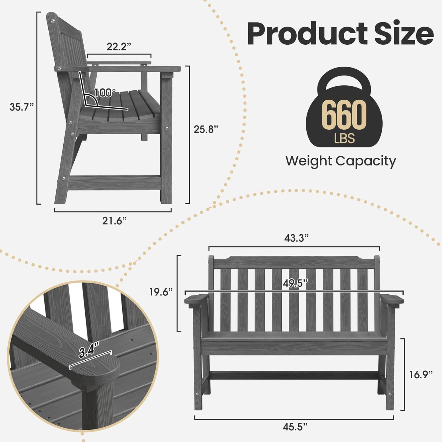 Ciokea 46" Heavy Duty Outdoor Bench, HDPE Weatherproof Garden Benches, Durable 2-Person Porch Benches with 660 Lbs, Waterproof Patio Bench for Outside Balcony Deck Backyard, Dark Grey