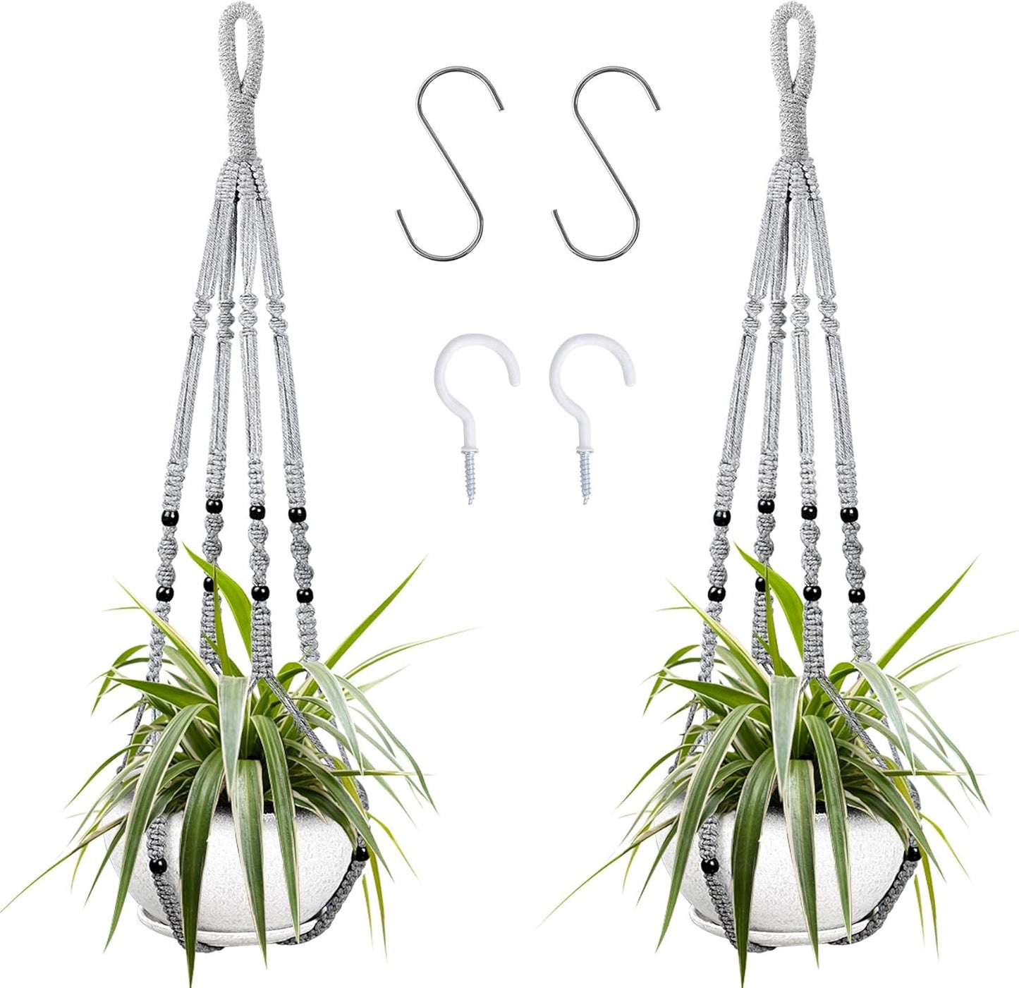 Augshy 2 Packs Macrame Hanging Planter, Indoor Hanging Planter Basket with Wood Beads Decorative Macrame Pot Hanger for Home Decor (Grey)