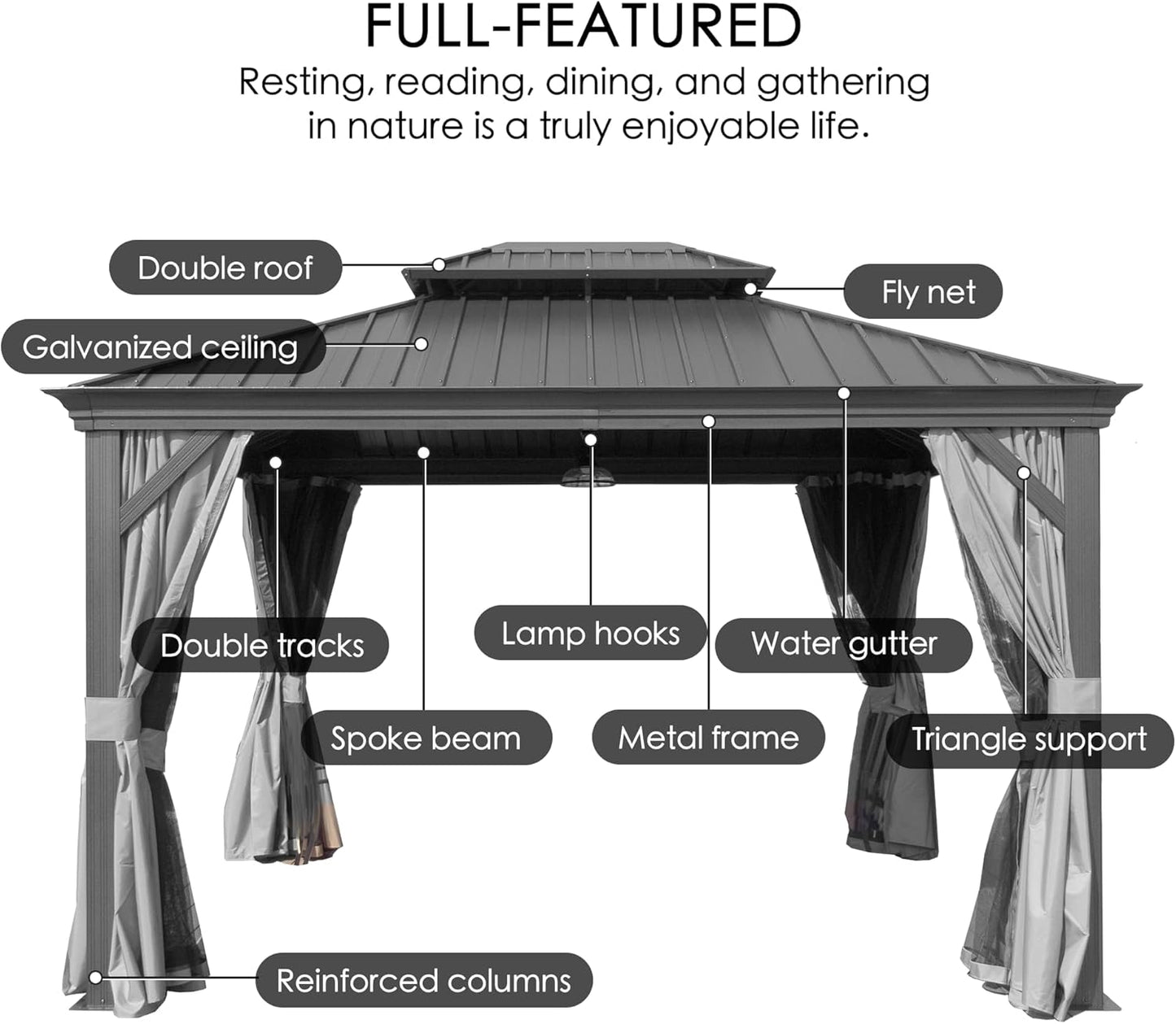Kozyard Alexander 12' X 16' Hardtop Permanent Aluminum Metal Gazebo with Galvanized Steel Double Roof Canopy, Curtain and Netting Pavilion for Patio, Backyard, Deck, Lawn (Gray)