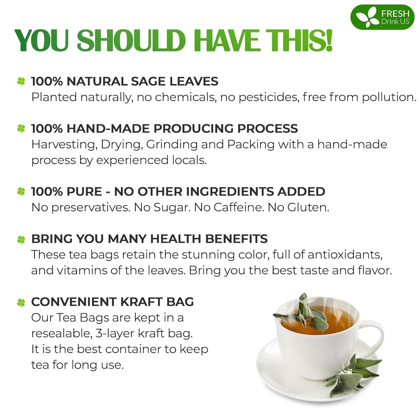 FreshDrinkUS Premium 75 Sage Leaf Tea Bags, 100% Natural & Pure. Loose Leaf Sage Herbal Tea. Made with Natural Material Tea Bags. No Sugar, No Caffeine, No Gluten, Vegan