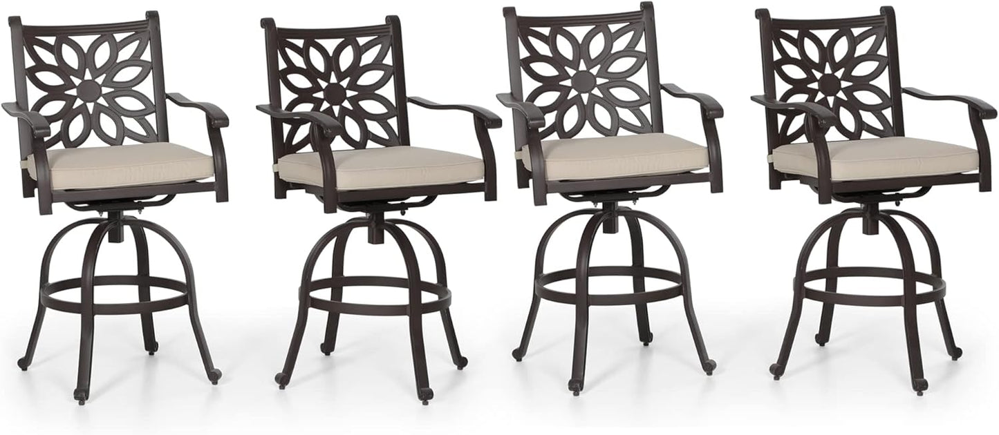 PHI VILLA Outdoor Swivel Bar Stools Set of 4, Cast Aluminum Patio Pub Height Bar Stool & Chairs with Seat Cushion