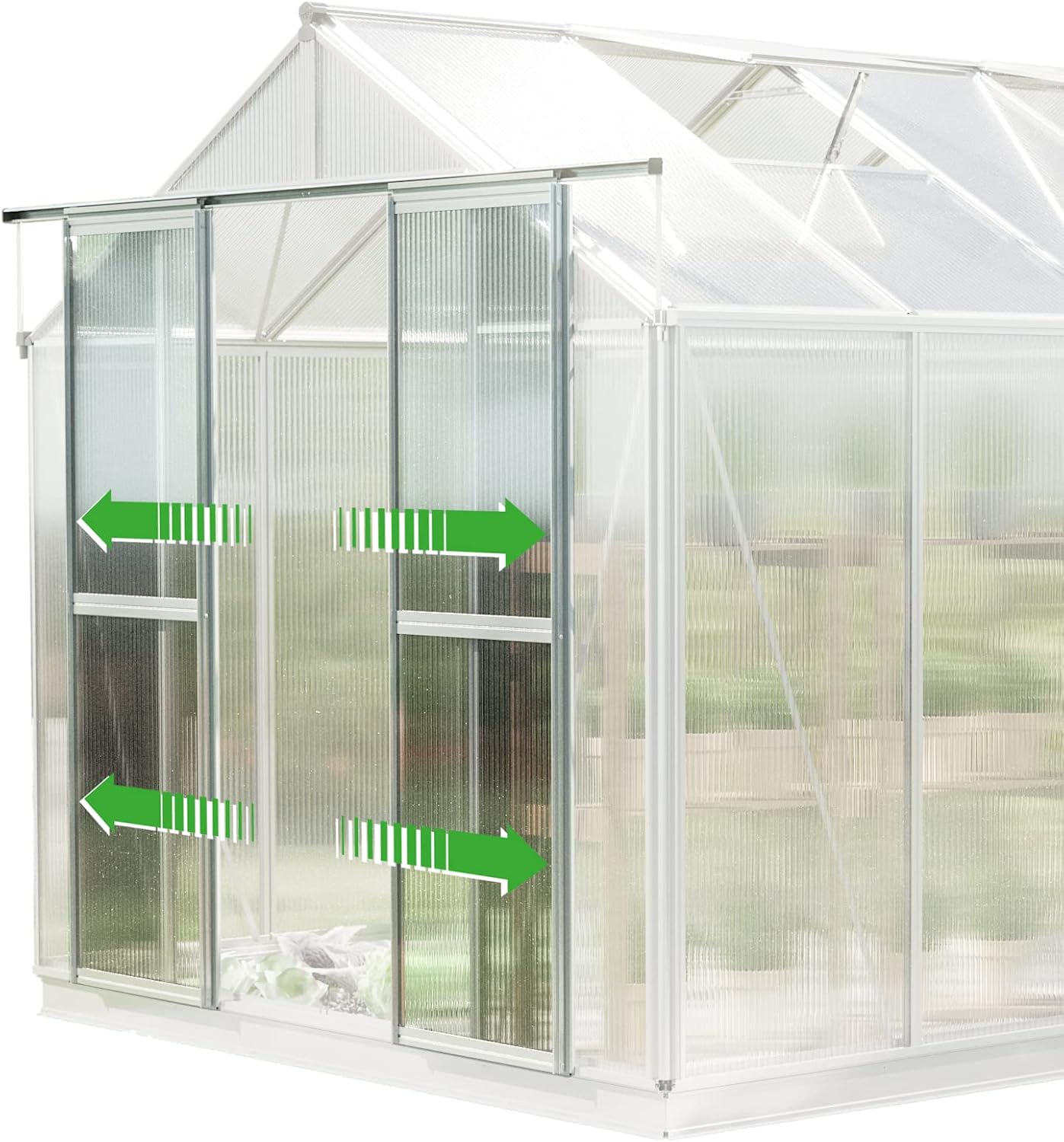 Greenhouse Saphir 5 Aluminum Frame 8.5 x 10.6 ft Approx. 8 mm Polycarbonate Panels - with Bonus Base Frame and Automatic Vent Opener