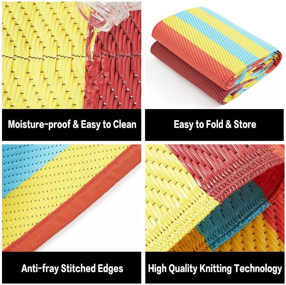 Outdoor Waterproof Rug 6'x9' Plastic Straw Rugs Washable Reversible Floor Mat Rainbow Stripe Carpet for Camping RV Deck Entryance Porch Picnic Balcony Beach Backyard