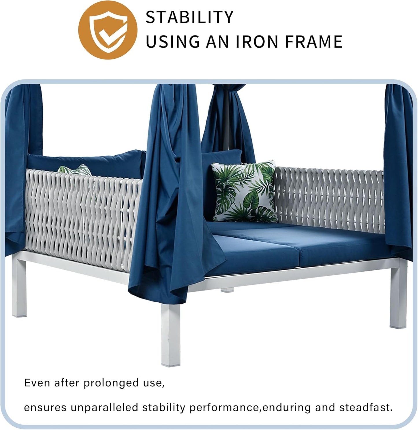 Polibi Outdoor Patio Sunbed with Blue Curtains,Outdoor Sun Lounger Bed with Pillows,Rubber Core Rope Weaving Outdoor Double Chaise Lounge Suitable for Pool,Garden,Blue