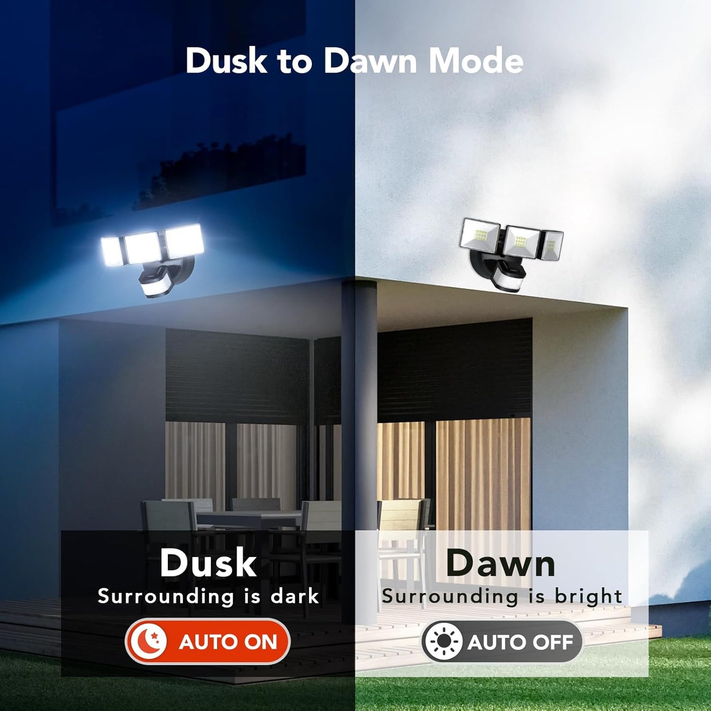 OREiN 3500LM/26W Flood Lights Outdoor, 240°/40FT Big Motion Sensor Outdoor Lights Dusk to Dawn Security Lights IP65 Waterproof 3 Modes for Outside 3500SQ.FT Front Door, Garage, Black (Hardwired)