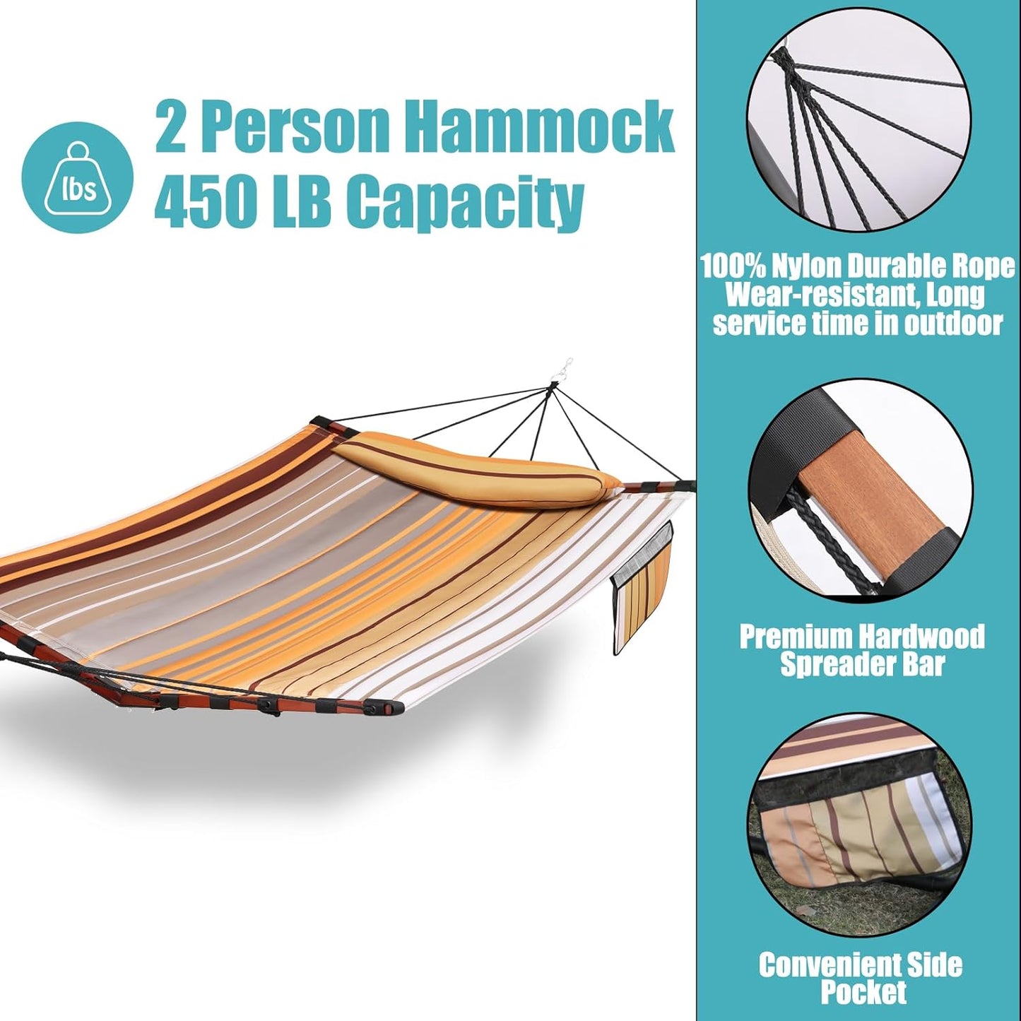 TegerDeger 12FT 2 Person Hammock Large Hammock 450LB Capacity with V Shaped Hardwood Spreader Bar & Nylon Rope for Outside, Patio, Garden, Backyard, Beach, Poolside - Fall Yellow Stripes