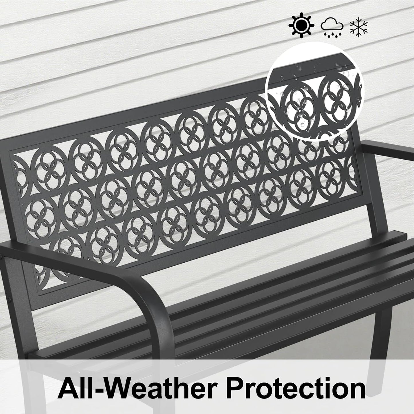 44" Heavy Duty Outdoor Bench, Wrought Iron Weatherproof Garden Bench Black Metal Patio Bench for Park Proch Yard 880lbs