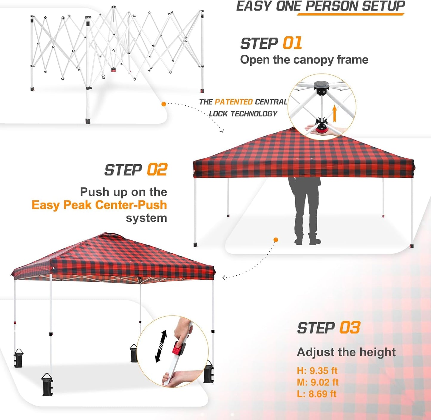 EAGLE PEAK Pop Up Canopy Tent with Wheeled Carry Bag, 8 Stakes, 4 Ropes, 4 Weight Bags, Easy Set Up Tent Canopy, 10x10 ft, 100sqft of Shade, Red Plaid
