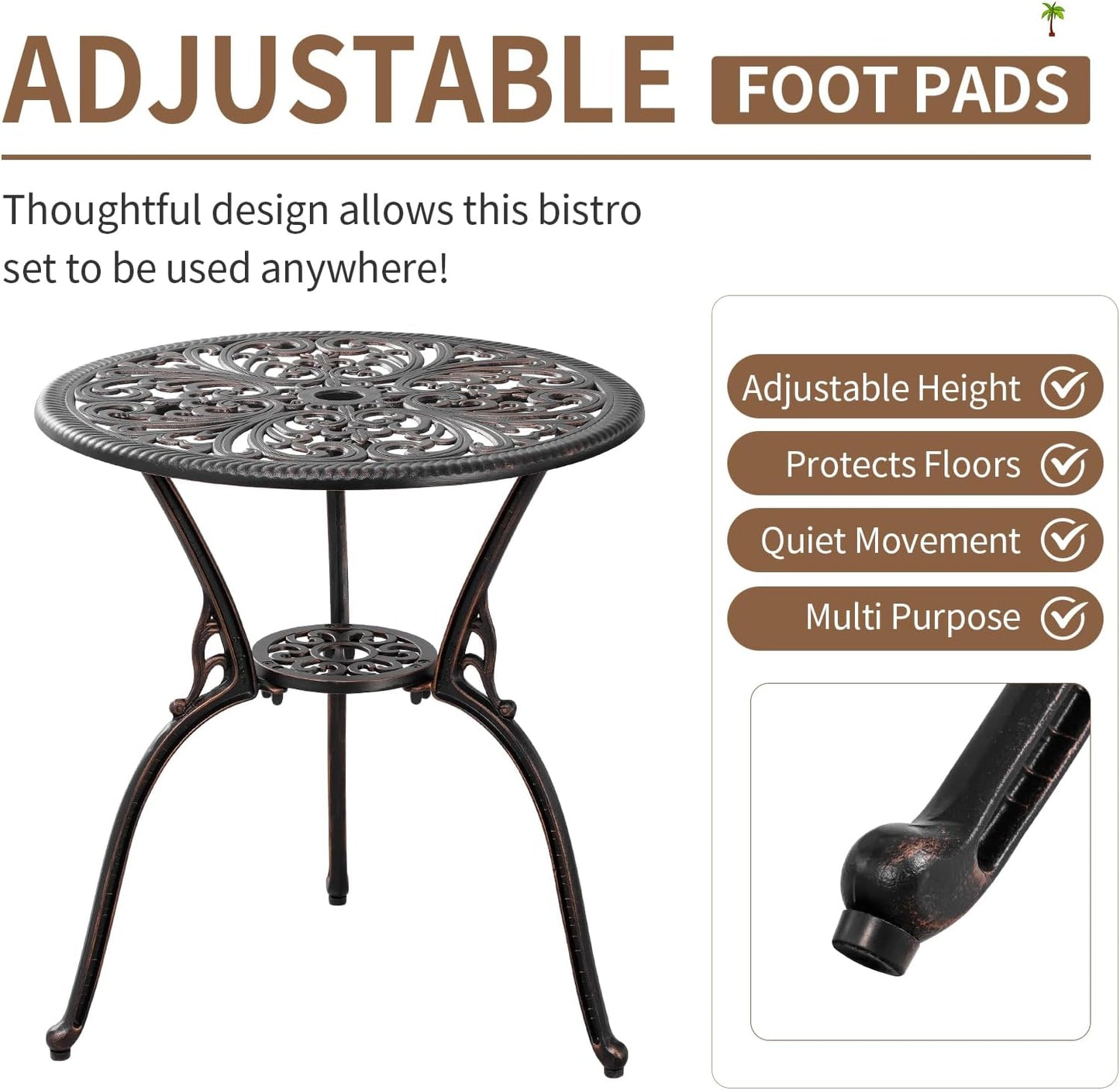 Patio Bistro Set 3 Piece Cast Aluminum Bistro Set, Outdoor Bistro Table and Chairs Set of 2 with Umbrella Hole for Porch, Lawn, Garden, Backyard, Pool (Brown)