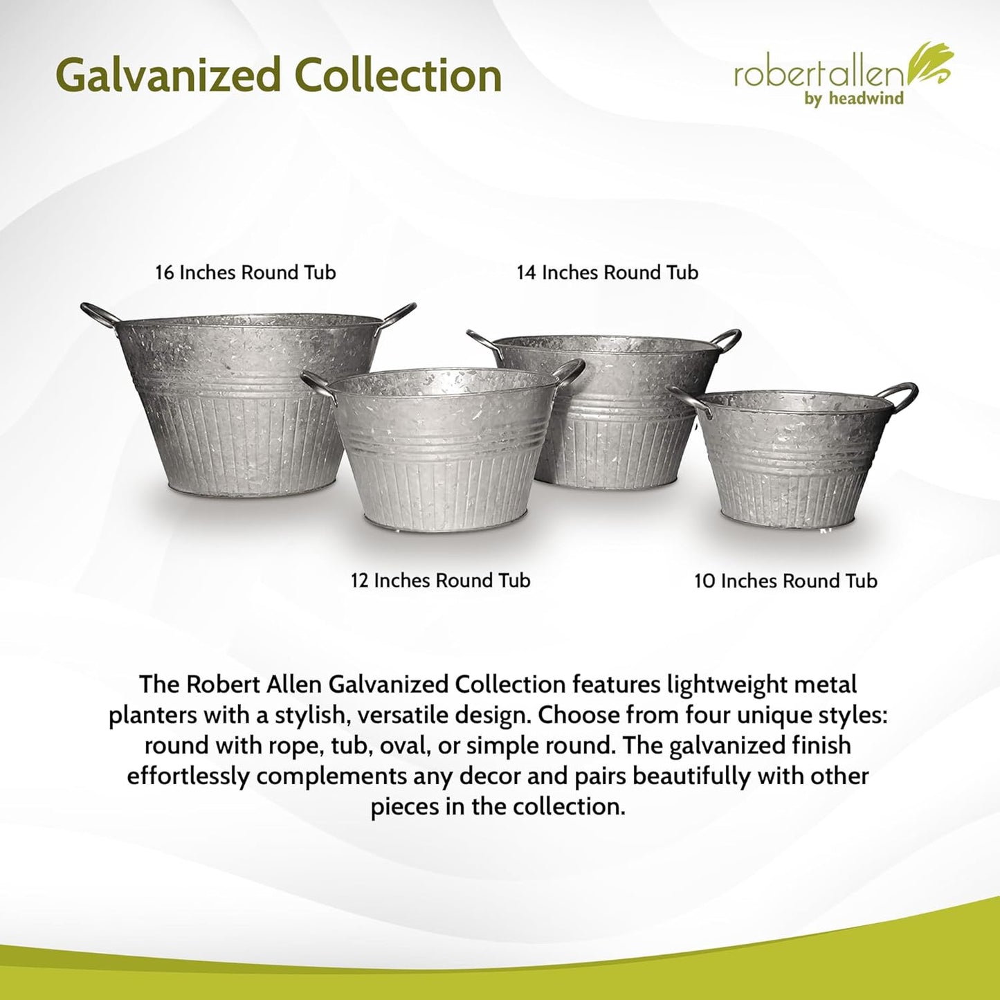 Headwind Round Galvanized Tub Planter with Handles – 14 Inch Lightweight Metal Planter with Drainage Hole – Galvanized Steel Tub for Plants - Metal Flower Pot by Robert Allen