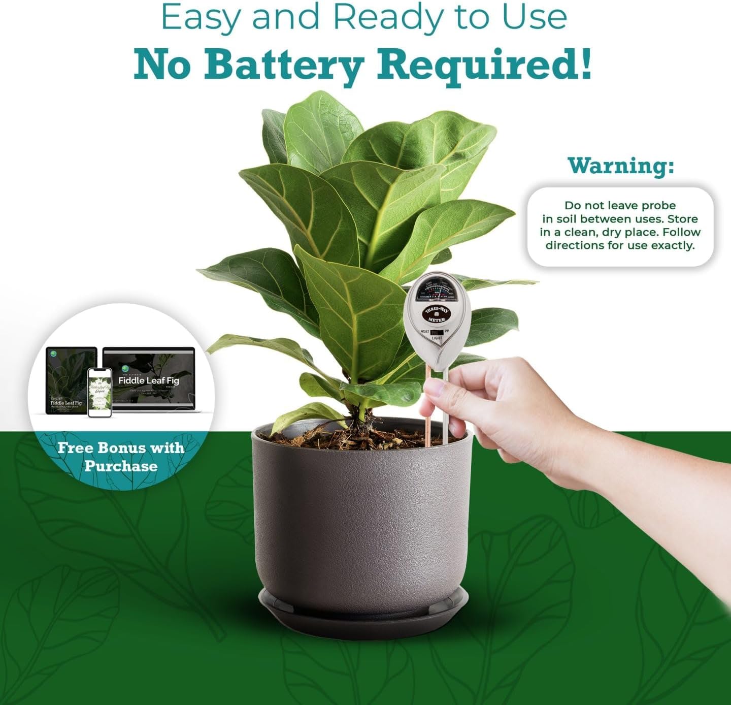 Houseplant Resource Center Fiddle Leaf Fig 3-in-1 Soil Moisture Meter for Plants – Best Indoor Plant Water Meter for Potted Houseplants - Light & Moisture Sensor Probe for Optimal Growth