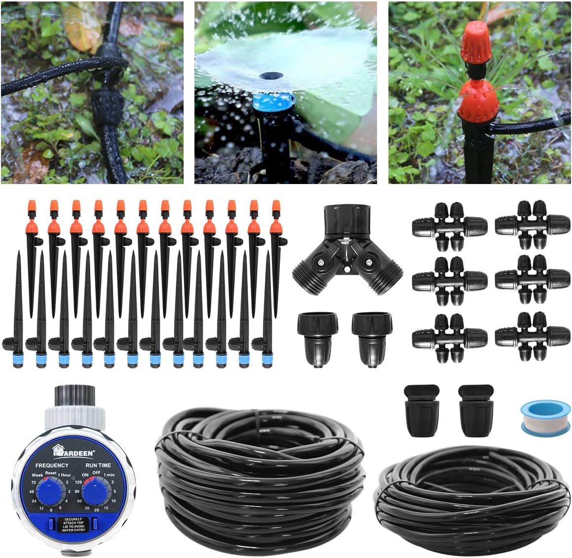 Micro Drip Irrigation Kit Automatic Garden Watering Misting System with 8/12 inch 4/7 inch Irrigation Tubing Hose and Water Timer for Greenhouse, Yard, Lawn