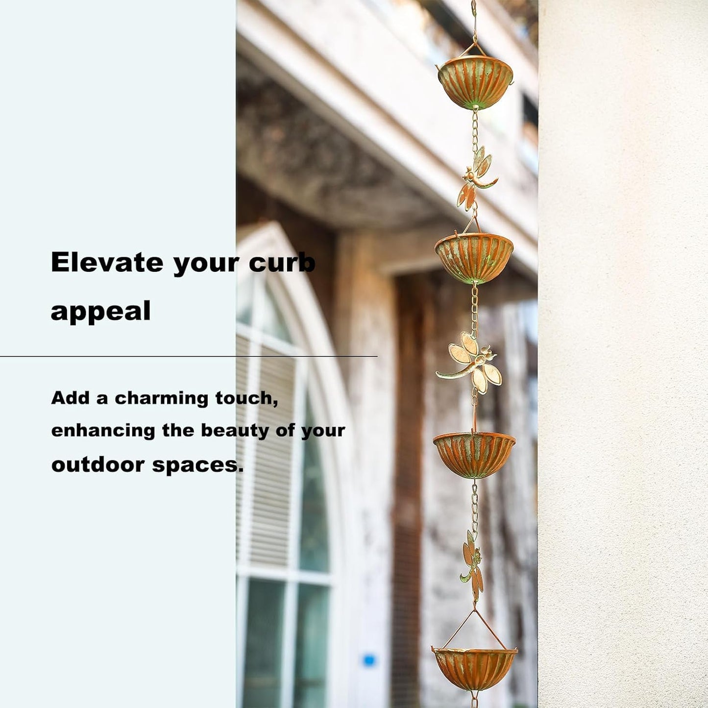 Dragonfly & Bowl Rain Chains, 8.5 ft Length Decorative Rain Catcher Chain for Gutters Outside, Iron Rain Gutter Replacement Downspout, Patina Color