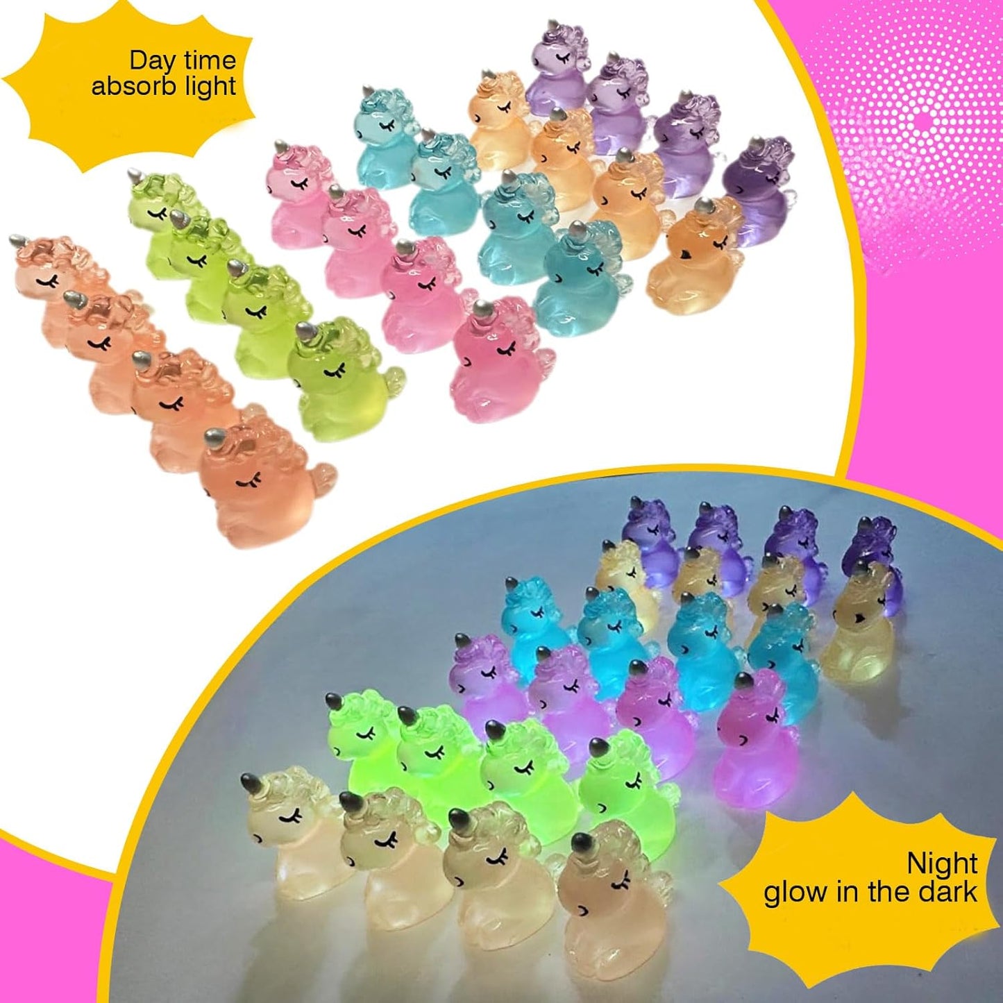 100 PCS Mini Resin Unicorn Luminous Tiny Unicorn Miniature Figurines,Micro Fairy Ornaments Glow in The Dark Mini Resin Animals for Garden, Landscape,Aquarium,Dollhouse,Birthday Party,Room Crafts Decor