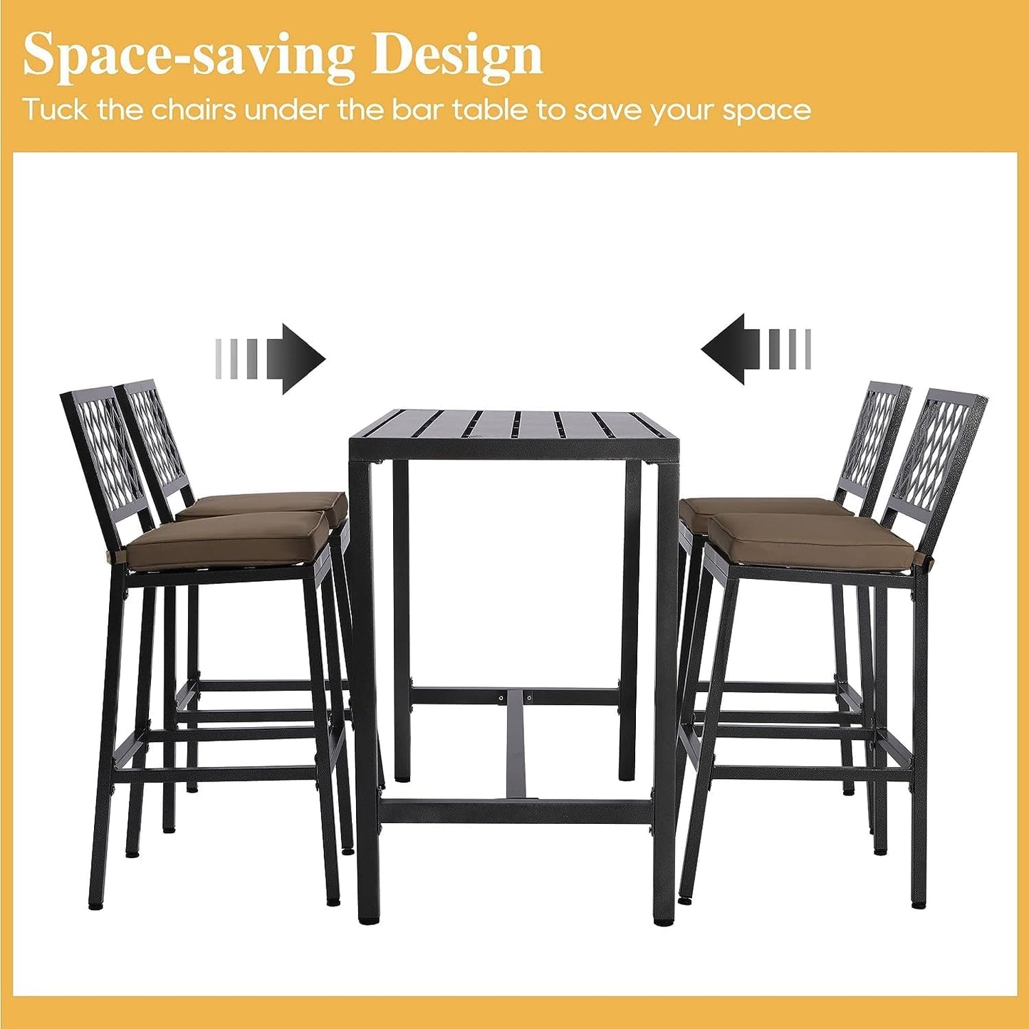 5-Piece Outdoor Patio Bar Set, Bar Height Patio Dining Set, Weather-Resistant Bistro Counter Pub Set with Cushions & Slatted Tabletop for Backyard, Garden, Yard