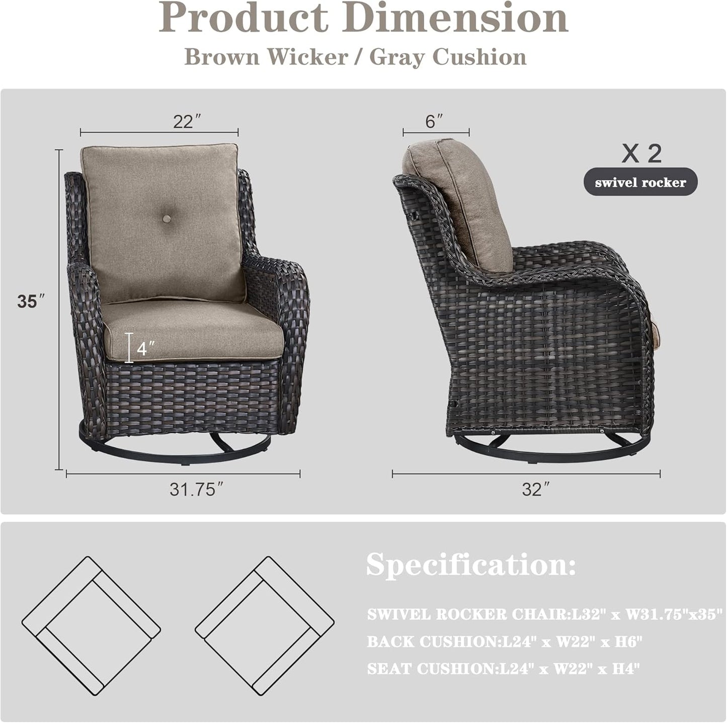 Outdoor Swivel Rcoker Patio Chairs - Outdoor Swivel Patio Chairs Set of 2 Wicker Chair Patio Furniture Sets with Covered Cushion for Porch Deck Balcony Garden, Gray