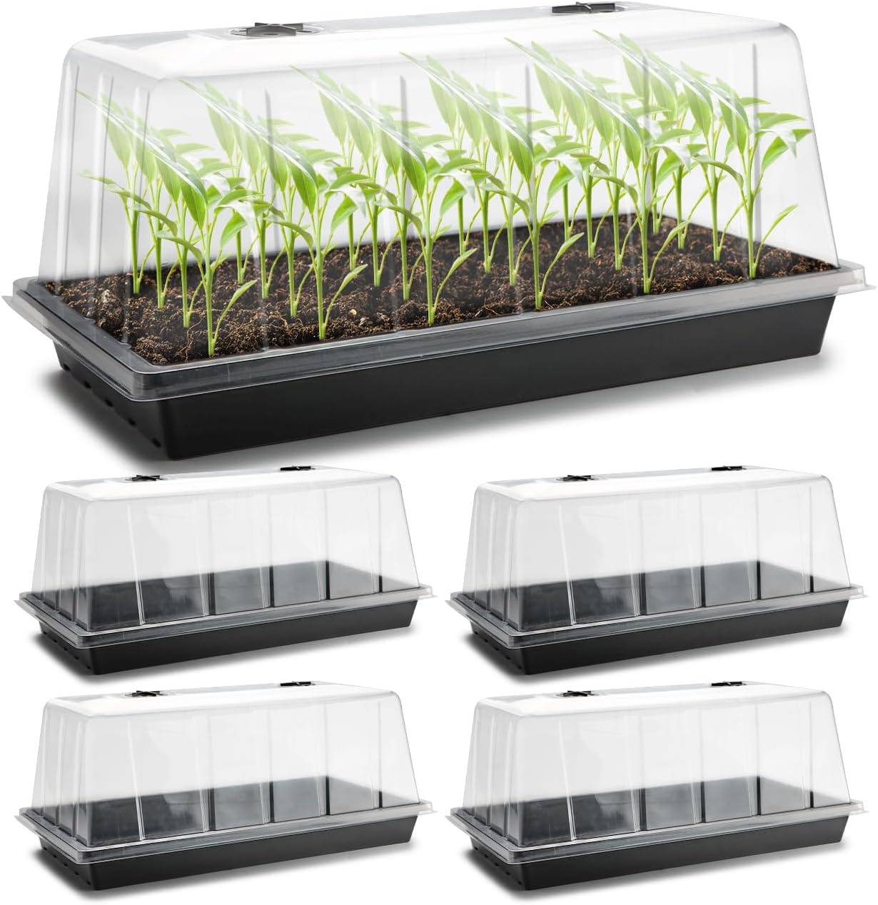 1020 Plant Tray with Tall 7.3'' Dome, 5-Pack Extra Large Seed Starter Tray with Humidity Domes, Heavy Duty 1020 Trays and Flats with Lid, Seed Germination Mini Greenhouse No Hole for Balcony Garden