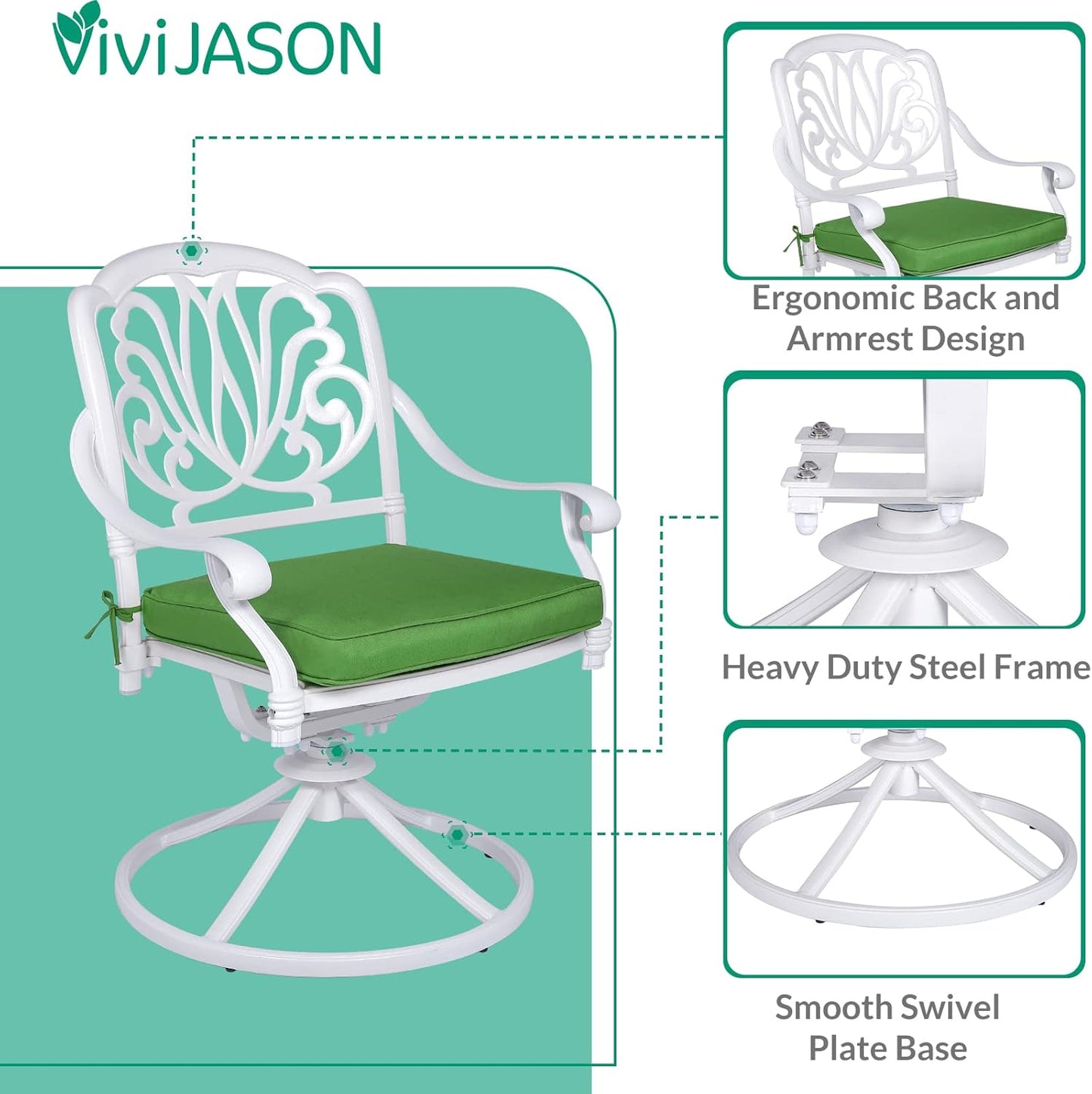 VIVIJASON 3-Piece Patio Furniture Dining Set, Outdoor All-Weather Cast Aluminum Bistro Set, Include 2 Swivel Chairs and 31" Round Table w/Umbrella Hole for Balcony, Lawn, Garden, Backyard, White