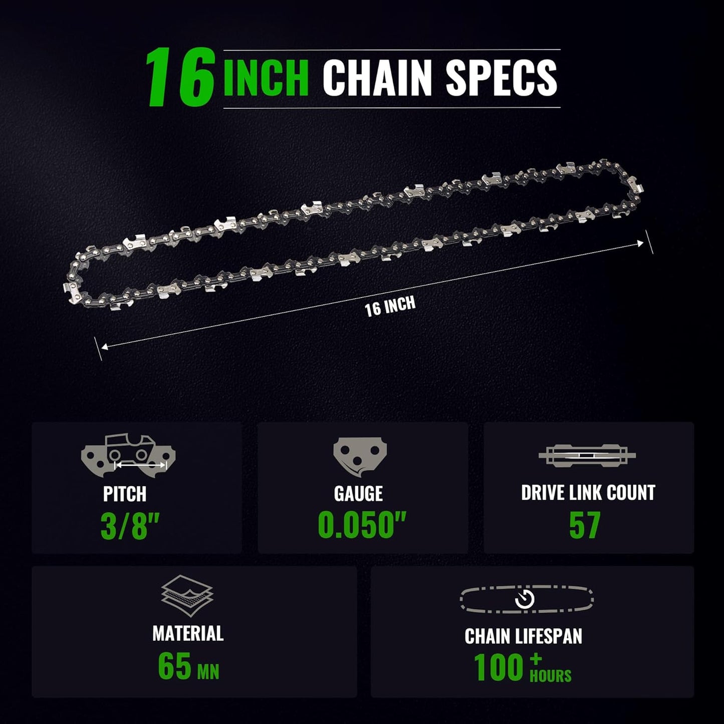 16" Chain Pitch: 3/8” Low Profile 57 Drive Links Replacement Chain For Electric Chainsaw Gas Chainsaw .050" Gauge