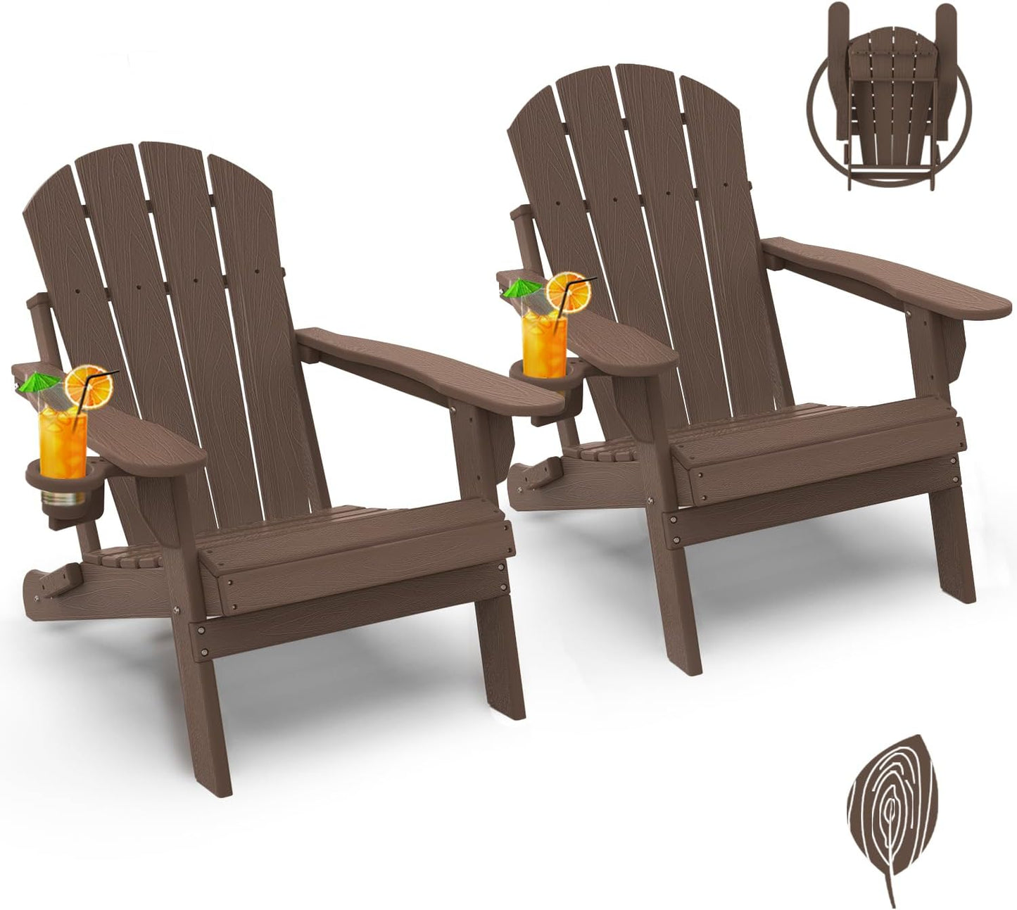 GREENVINES Folding-Adirondack-Chair-Set-of-2 | Wood Grain | HDPE Plastic | Fire Pit Chairs | All Weather | Cup Holder | Dark Brown | for Deck Backyard Patio Outdoor