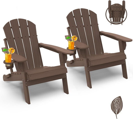 GREENVINES Folding-Adirondack-Chair-Set-of-2 | Wood Grain | HDPE Plastic | Fire Pit Chairs | All Weather | Cup Holder | Dark Brown | for Deck Backyard Patio Outdoor