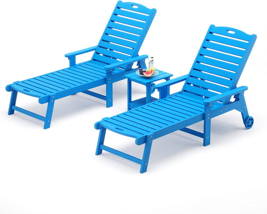 LUE BONA Chaise Lounge Chairs Set with Table, 3-Piece, 79'' Oversized HDPS Chaise Lounger, 5 Positions Adjustable Lounge Chairs, Pool Lounge Chair with Wheels for Poolside, 3 Year Warranty, Blue