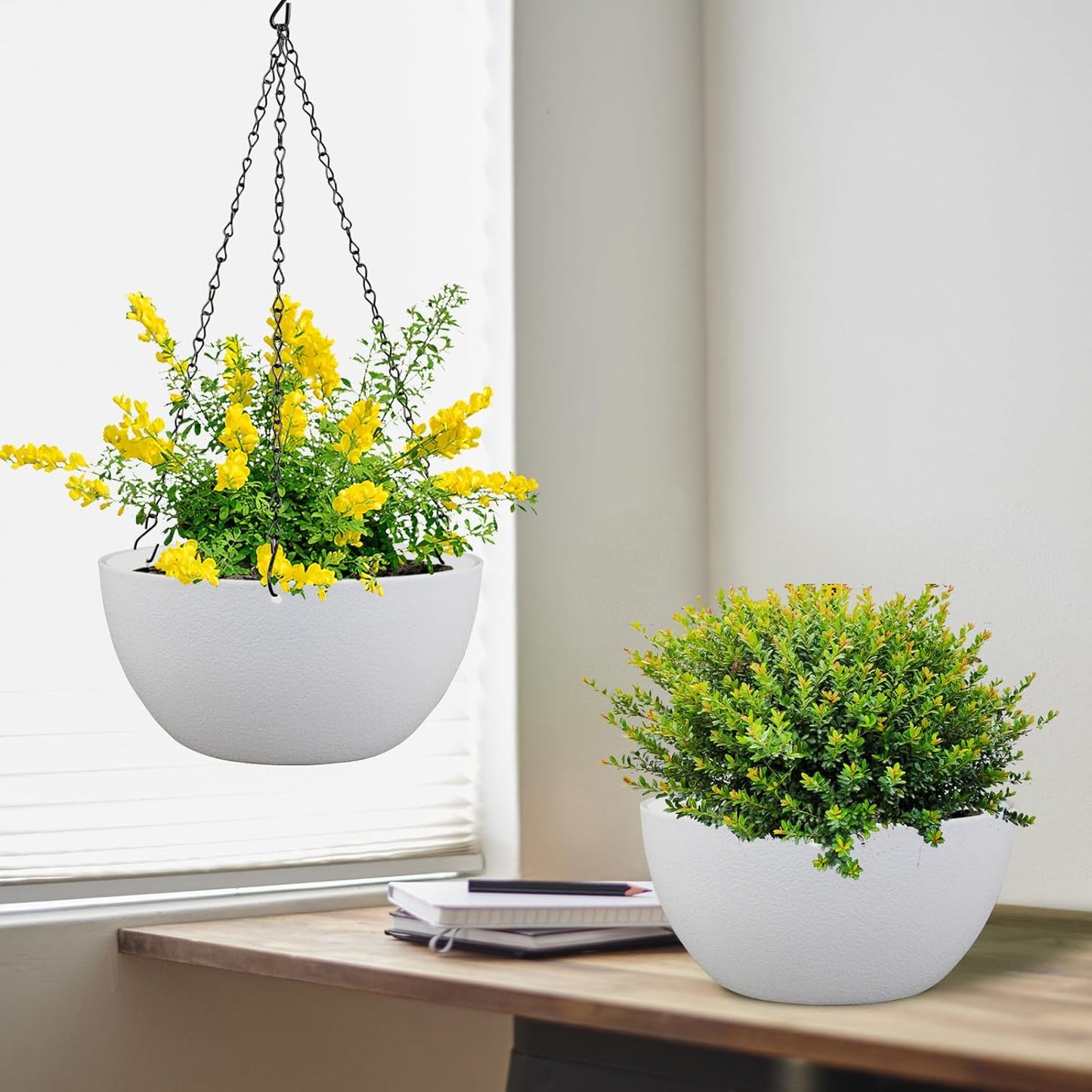 10 inch Hanging Planters for Indoor Outdoor Plants, 2 Pack Hanging Flower Pots with Drainage Holes and Chain for Garden Balcony Porch, Round Plastic Hanging Baskets for House Plants, White