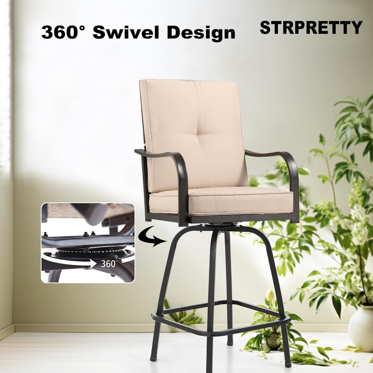 Patio Swivel Bar Stools Set of 4, Outdoor Bar Height Patio Swivel Chairs with Cushion for Garden Balcony Backyard (Beige)