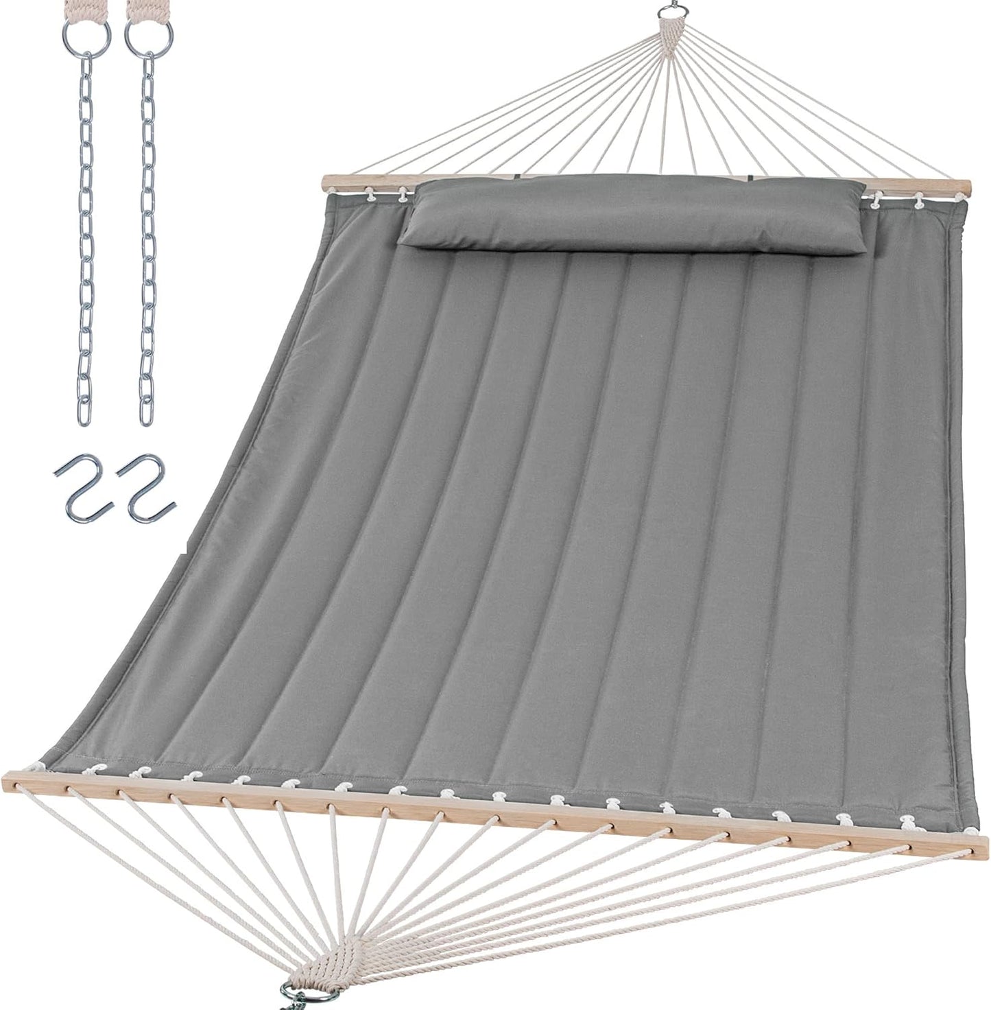 SUNCREAT Portable Double Hammock with Hardwood Spreader Bar, Extra Large Outdoor Hammock with Soft Pillow, 475 lbs Capacity, Light Gray