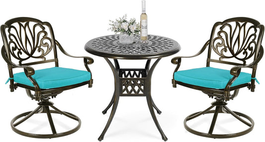 VIVIJASON 3-Piece Patio Furniture Dining Set, Outdoor All-Weather Cast Aluminum Bistro Set, Include 2 Swivel Chairs and 31" Round Table w/Umbrella Hole for Balcony, Lawn, Garden (Ocean Blue Cushion)