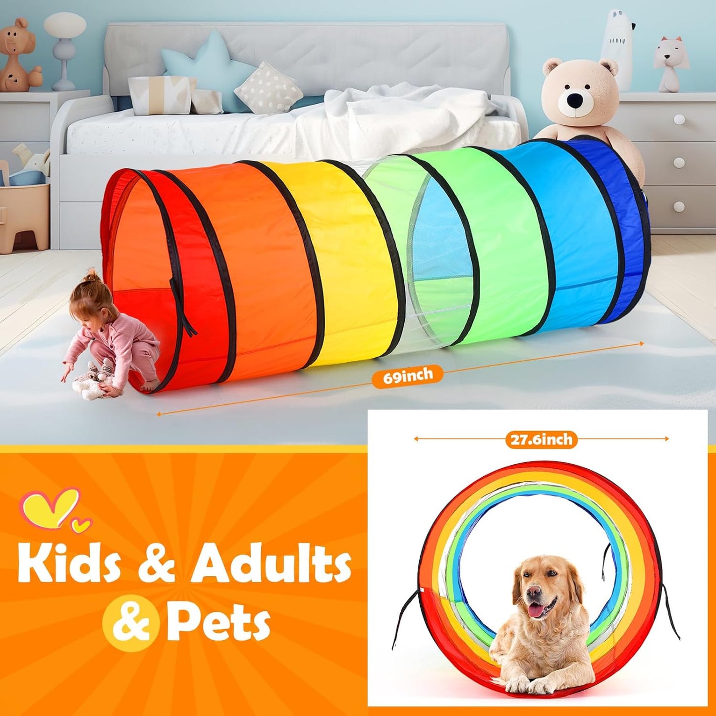 1 Pcs Giant 27.6 Inch Play Tunnel for Kids and Large Dogs Colorful Crawl Tunnel Toy for Toddlers with Breathable Mesh Game Tent Toy Girl Boy Gift