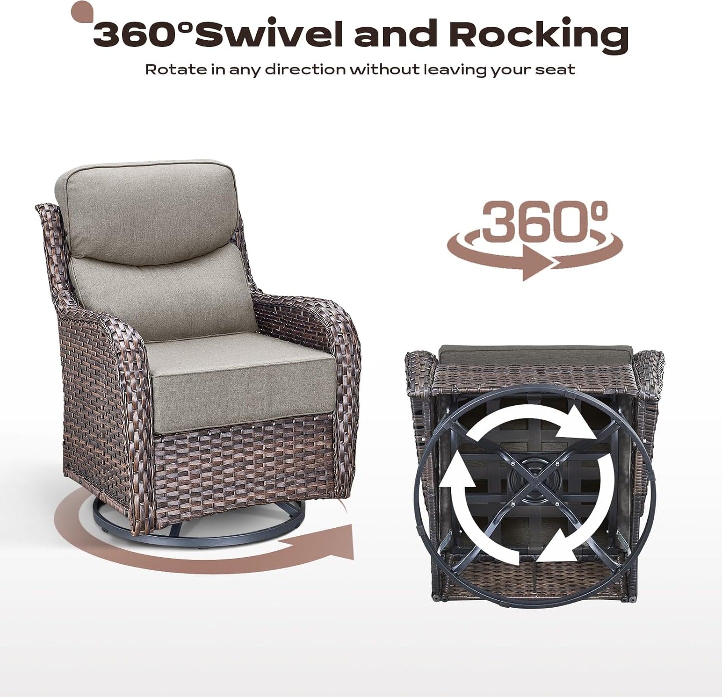 Wicker Outdoor Patio Furniture Set - 5 Piece Patio Conversation Sets with Swivel Rocker Chairs, Ottomans and Sofa, 6 inch Cushions, Waterproof Wicker, for Porch Deck Brown/Beige