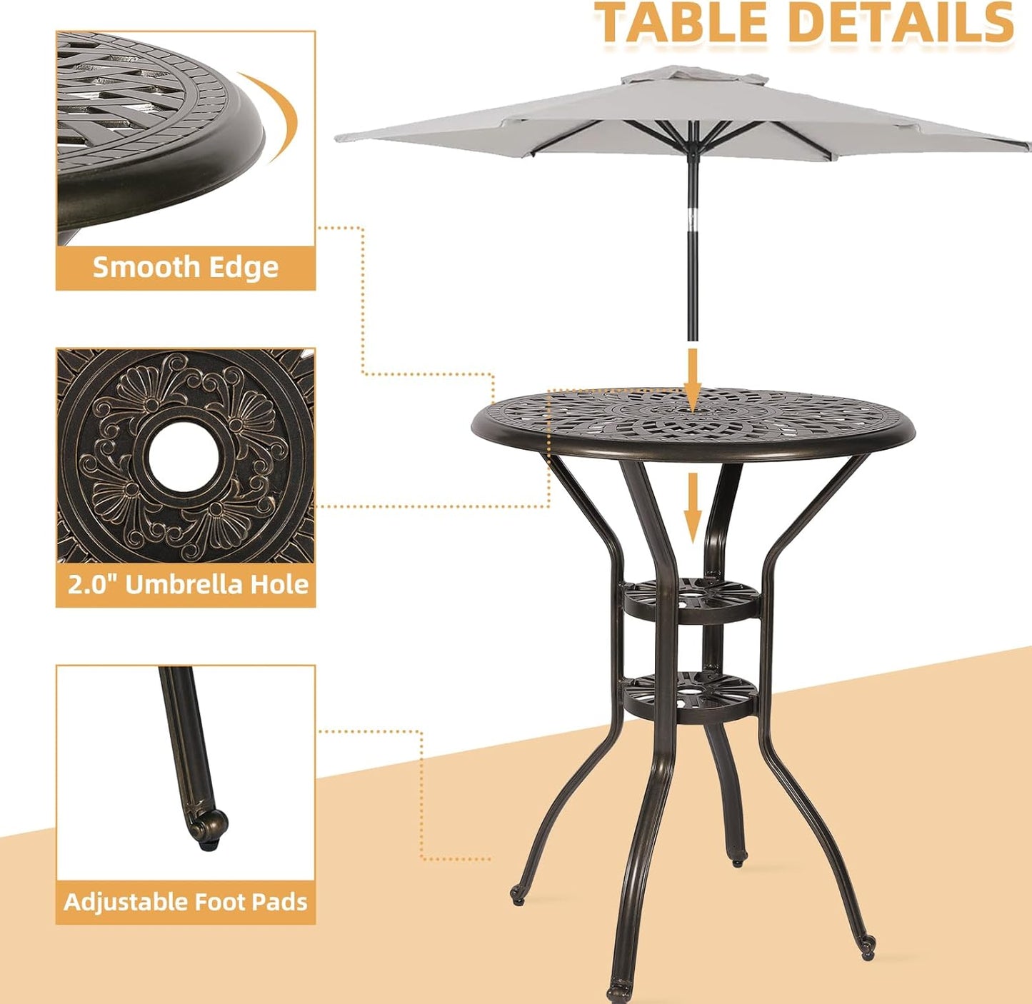 3-Piece Patio Swivel Bar Set, High Top Bar Table & Chairs, All-Weather Cast Aluminum Swivel Bar Stools (2) & 31" Table, Patio Bistro Set for Garden