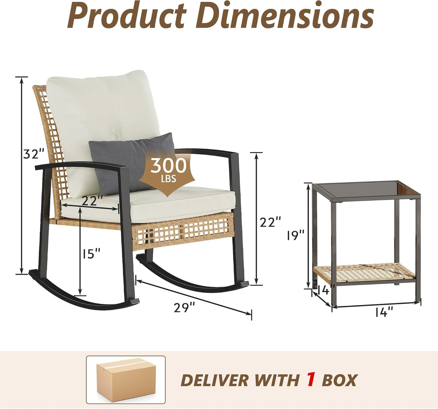 3 Piece Patio Rocking Chairs Set of 2, Outdoor Rocking Chair Bistro Set with Tempered Glass Coffee Table and Thick Lumbar Pillow Set, Front Porch Chairs for Garden, Backyard, Poolside (Beige)