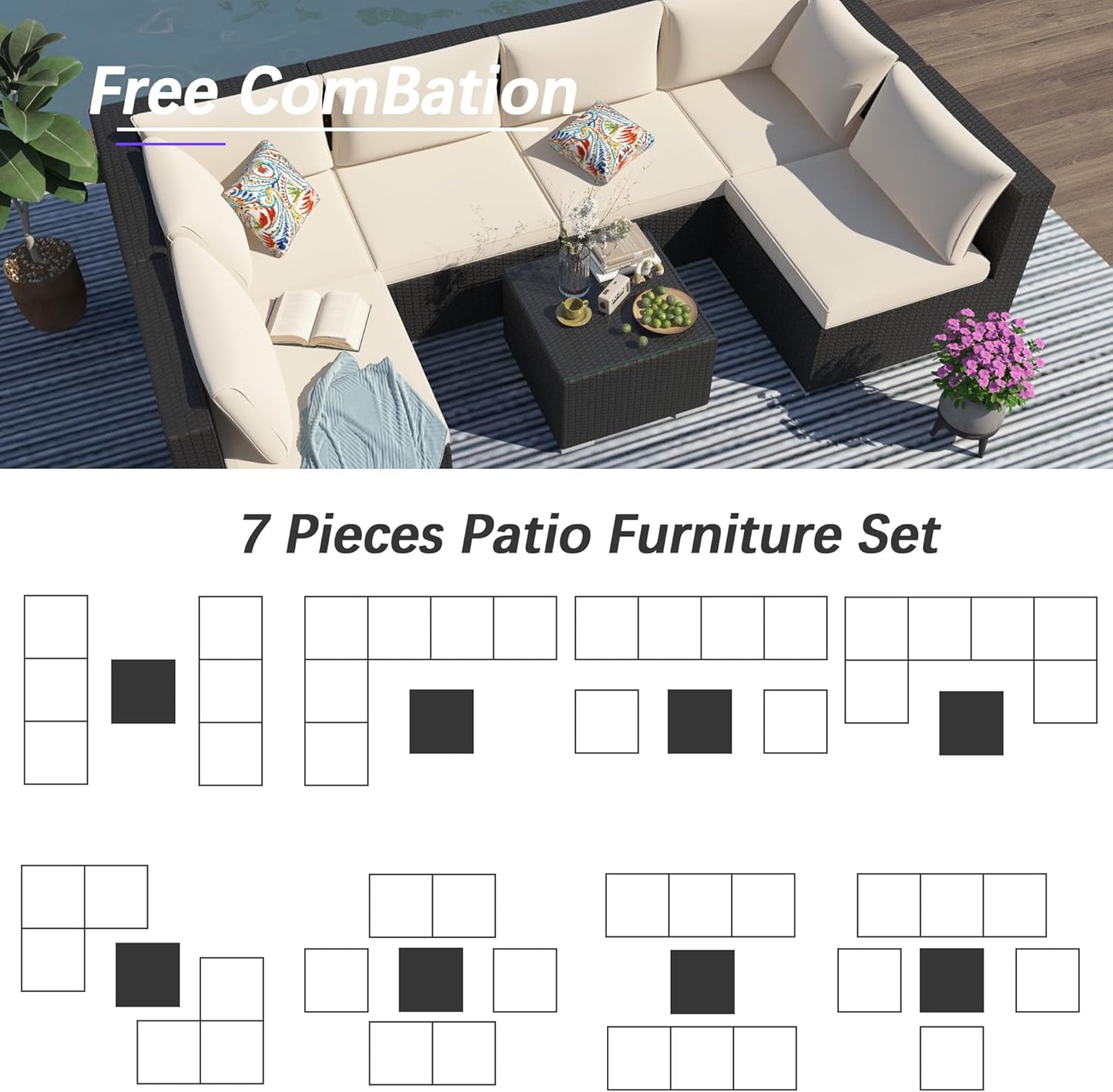7 Piece Patio Furniture Set, Outdoor Couch Set—All-Weather Outdoor Furniture Sectional w Water Resistant Thick Cushions, Patio Sofa Set w 2 Extra Pillows and Coffee Table, Beige/Black